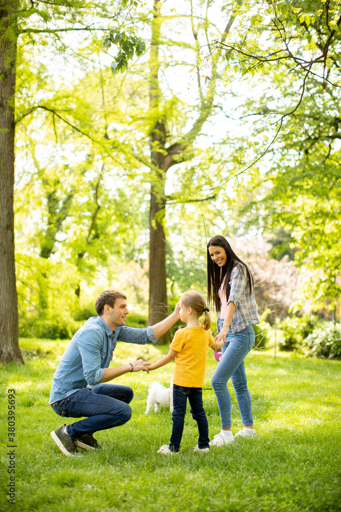 Happy family with cute bichon dog in the park Happy family with cute bichon dog in the park