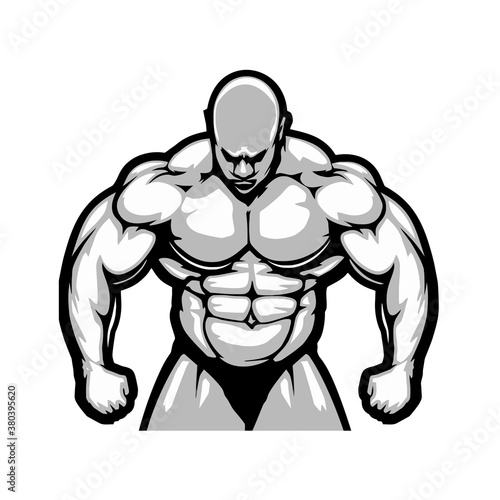 muscular bodybuilder big body, cartoon, logo, vector, mascot