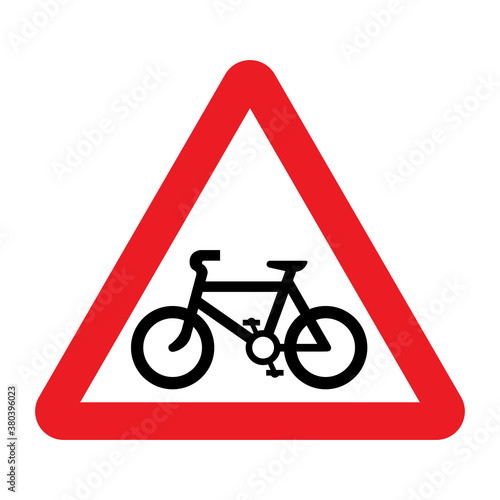 Cycle route ahead traffic sign. Vector illustration of red triangular warning traffic sign with black bike icon inside. Warning about possibility of pedal cyclist appearing on road.
