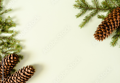 Flat lay with spruce branches, spruce cones on light green background . Christmas, winter, new year concept. Flat lay, top view, place for text.
