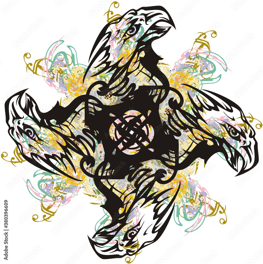 Abstract eagle cross colorful splashes. Colored decorative floral and golden elements on the background of a cross formed by eagle heads for textiles, wallpaper, posters, prints, etc.