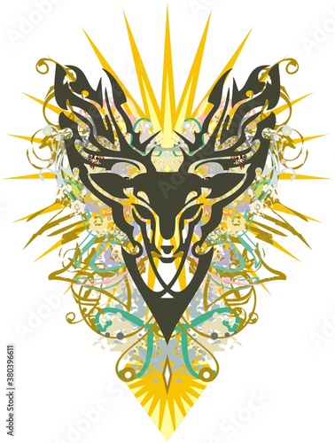 Colorful floral deer head splashes. Decorative deer head on a white background with floral  golden splashes and star element for prints  posters  textiles  wallpaper  your creative ideas