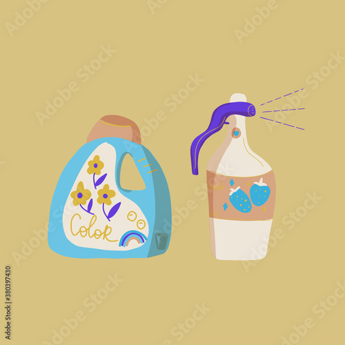 Laundry and cleaning bottle and box, soap, soften and spray for clean