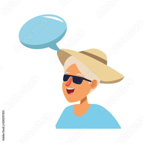 old tourist woman wearing hat and sunglasses with speech bubble