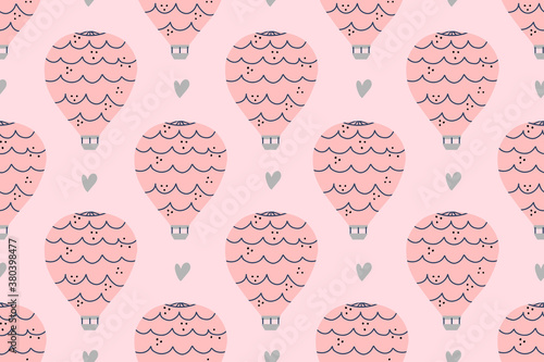 Hot air balloon with heart shape seamless pattern with pink background. Hand drawn Scandinavian style vector illustration with abstract dots.