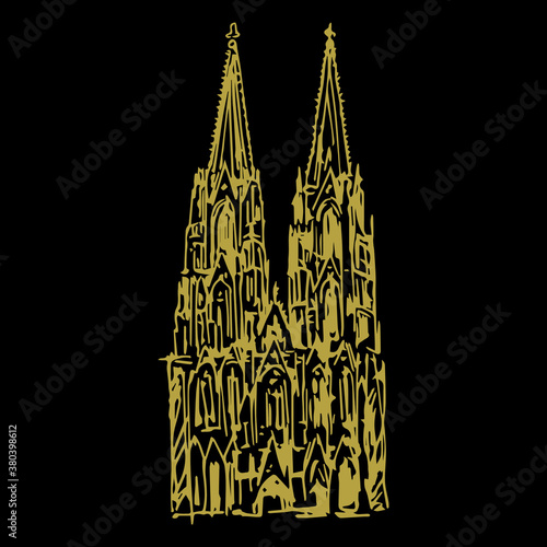 Facade of a Cologne Cathedral (Kolner Dom). Hand drawn linear ink sketch. Golden silhouette on black background. Isolated vector illustration.