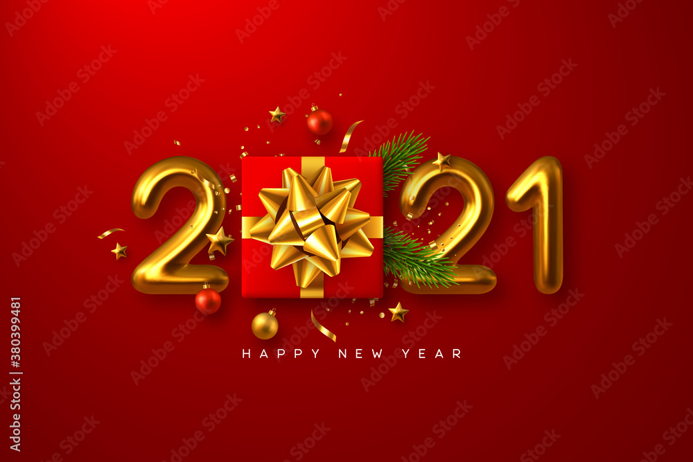 2021 Happy New Year. Realistic gift box with decorative elements and 3d metallic numbers on red background. Vector illustration.
