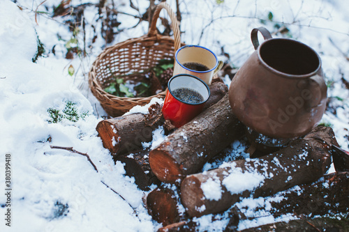 Still life of rural objects and trunks on a snowy grass. photo