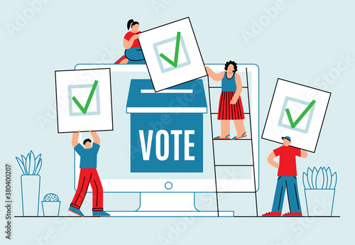 Online voting concept. Mini people with computer screen, voting box and voters. Digital political elections flat style vector illustration.
