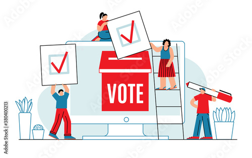 Online voting concept. Mini people with computer screen, voting box and voters. Digital political elections flat style vector illustration.