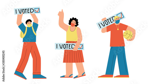 Men and woman in face masks with "I voted" sign. Elections during quarantine concept.