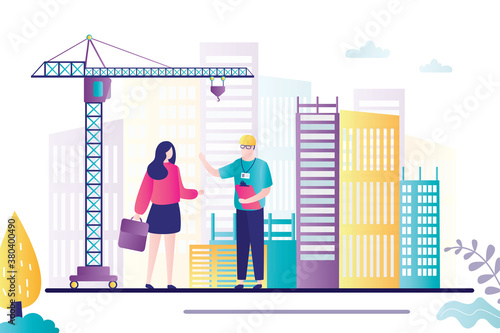 Business woman with foreman on construction site. Engineer holds clipboard with documents. Working process with large equipment