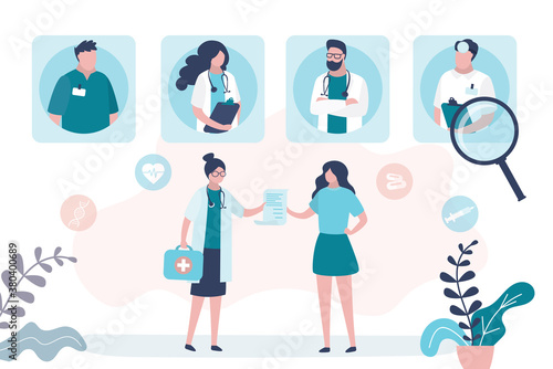 Therapist gives direction or prescription to female patient. Doctors team, medical staff portraits. Diagnosis of disease, clinical examination