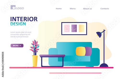 Landing page on theme design of premises. Online service for selection of furniture and decor for home