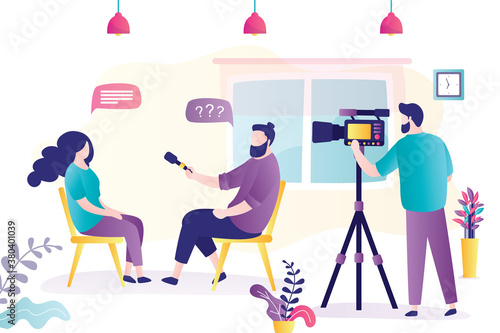 Journalist interviews businesswoman. Reporter holding microphone and give questions. Operator create video content.