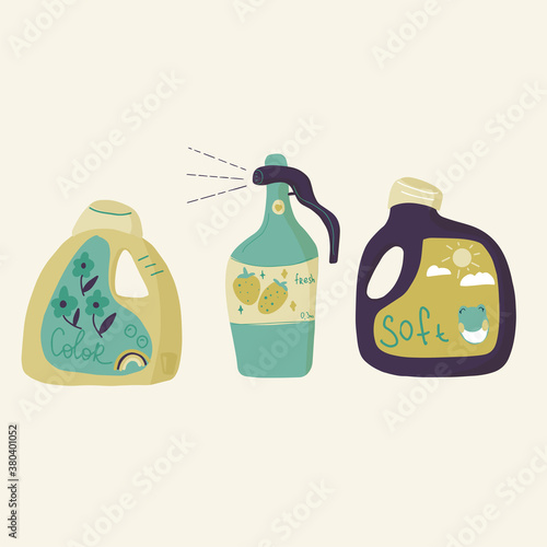 Laundry and cleaning bottle and box, soap, soften and spray for clean