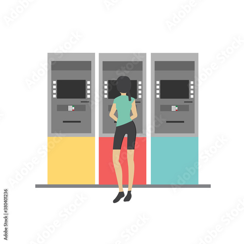 Woman standing with ATM machine. Bank machine service. Vector illustration.