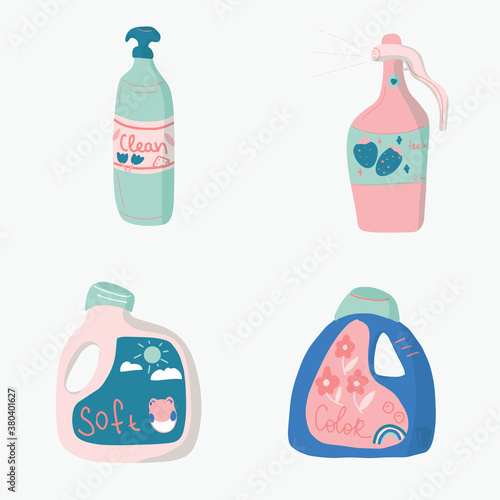 Laundry and cleaning bottle and box, soap, soften and spray for clean