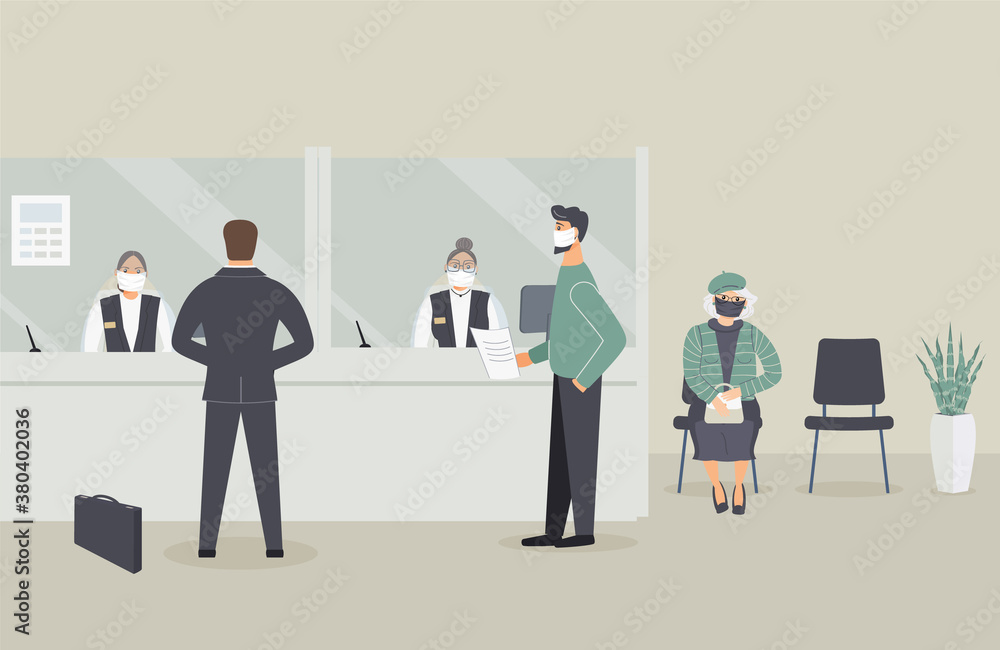 Bank office is open during epidemic of virus.Employees in protective medical mask behind counter serve customers.Clients stand in hall near cash register window and talk to clerks.Raster illustration Bank office is open during epidemic of virus.Employees in protective medical mask behind counter serve customers.Clients stand in hall near cash register window and talk to clerks.Raster illustration