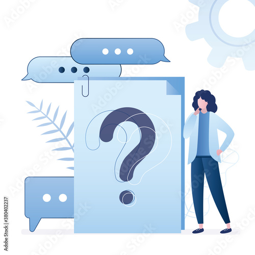 Question mark on document. Businesswoman or client asking questions around huge question mark on paper sheets. Online chat,