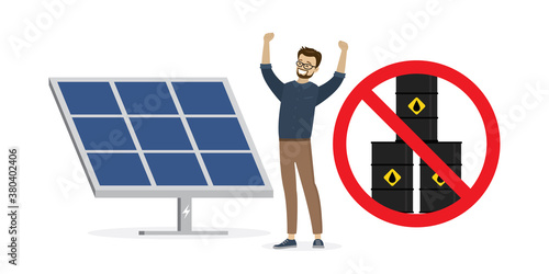 Businessman disclaims oil and selects solar energy. Ecologist and alternative energy, ban on the use of petroleum products.