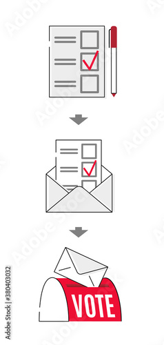 Vote by mail vector manual illustration on white background. Voting form, envelope, post box. Elections during quarantine concept.