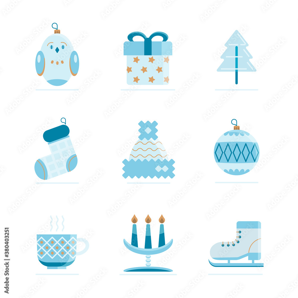 Christmas design template card. New year vector icons. Blue shades winter flat style illustrations Christmas design template card. New year vector icons. Blue shades winter flat style illustrations