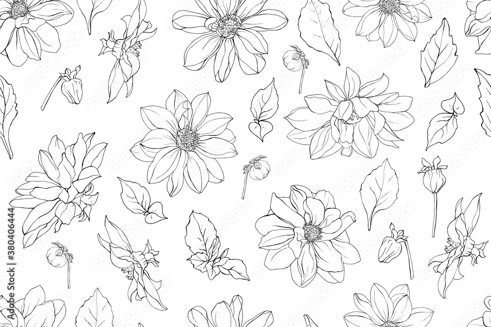 Seamless pattern with black outline flowers and leaves on white background. For textile, wallpapers,wrapping paper, print, greeting, web pages. Vector. Monochrome.