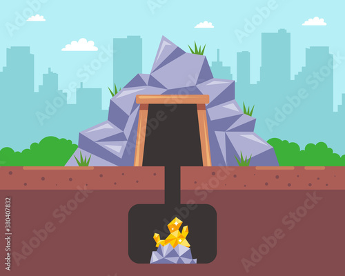 deep mine for gold mining. extraction of valuable natural resources. flat vector illustration.