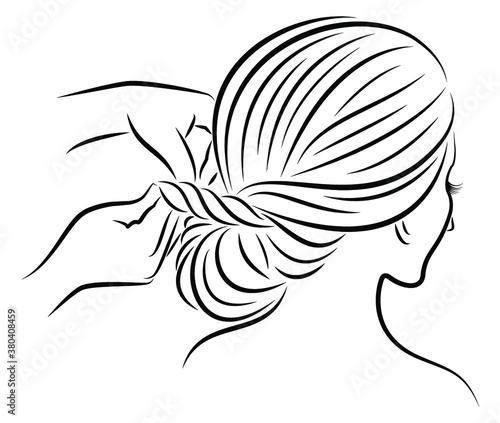 Silhouette profile of the head of a lovely lady. The girl braids her long hair in braids with her hands. Vector illustration.