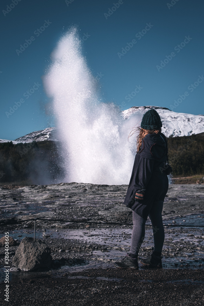 Obraz premium Geysir, famous icelandic spot on a golden circle route. Not too many tourists during covid times due to travel restrictions. This place is crowded all year round... well not this year.