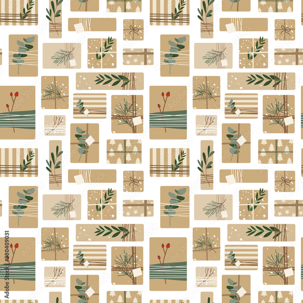 Different christmas presents in kraft paper with twine ribbon, eucalyptus and spruce branches. Rustic gift box. Eco decoration. Xmas and New Year celebration preparation. Vector flat seamless pattern Different christmas presents in kraft paper with twine ribbon, eucalyptus and spruce branches. Rustic gift box. Eco decoration. Xmas and New Year celebration preparation. Vector flat seamless pattern