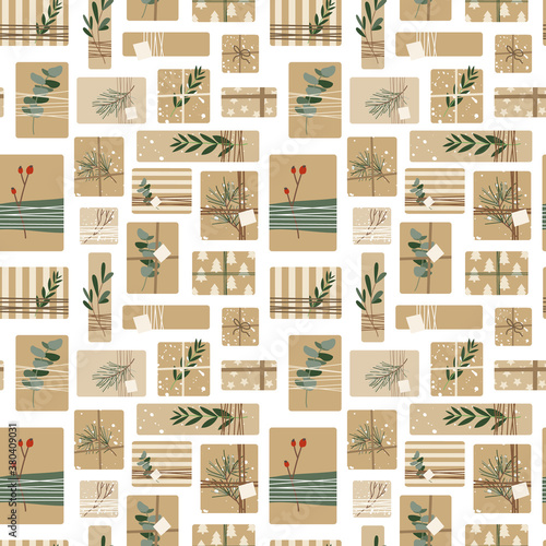Different christmas presents in kraft paper with twine ribbon, eucalyptus and spruce branches. Rustic gift box. Eco decoration. Xmas and New Year celebration preparation. Vector flat seamless pattern 