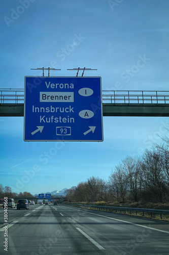 Highway sign direction Verona, Brenner, Innsbruck, Kufstein on A8 in Germany