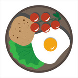scrambled eggs with tomatoes, salad and bread. Red tomatoes with fried egg, lettuce and toast. Baner icon for food restaurant. Egg sticker, decal. Perfect breakfast. omelet