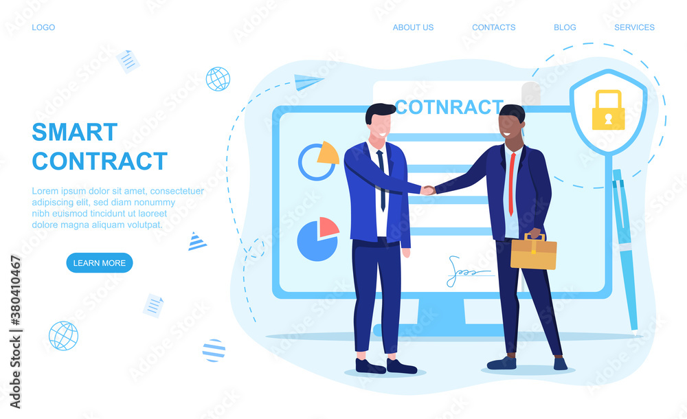 Signing a digital contract concept with two diverse businessmen standing in front of the signed contract on a computer screen. Flat vector illustration. Web page template Signing a digital contract concept with two diverse businessmen standing in front of the signed contract on a computer screen. Flat vector illustration. Web page template