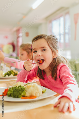 Beautiful Little Girl Eating at the School Canteen photo