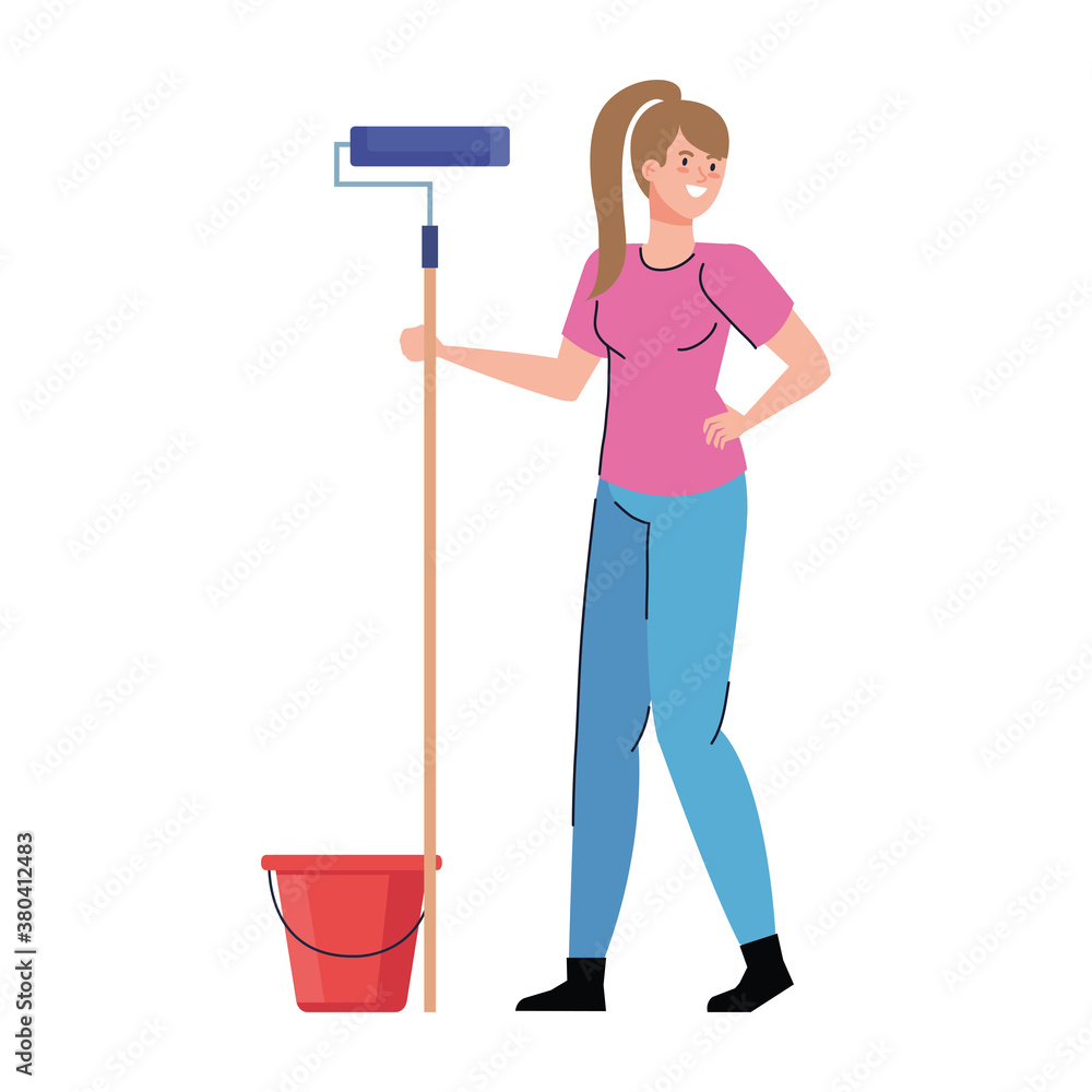 woman cartoon with construction paint roll and bucket design of working maintenance workshop and repairing theme Vector illustration woman cartoon with construction paint roll and bucket design of working maintenance workshop and repairing theme Vector illustration