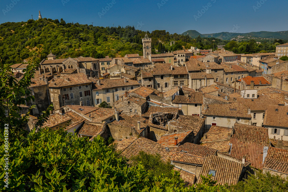 View of Viviers from the towns high point. Viviers is a commune in the department of Ardèche in southern France. It is a small walled city situated on the bank of the Rhône River.