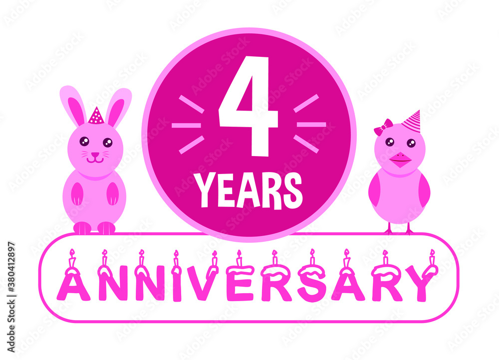 4st birthday. Four years anniversary celebration banner with pink animals theme for kids. 4st birthday. Four years anniversary celebration banner with pink animals theme for kids.
