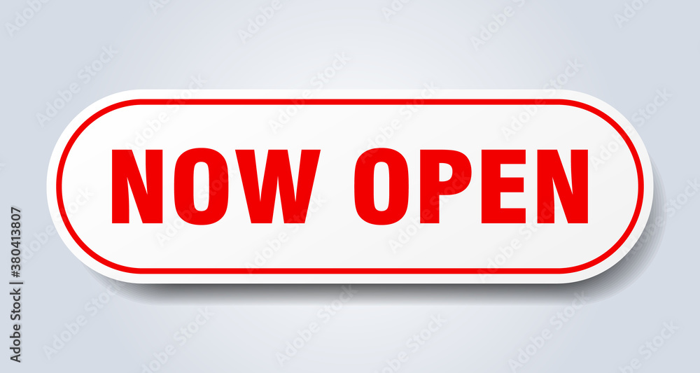 now open sign. rounded isolated button. white sticker now open sign. rounded isolated button. white sticker