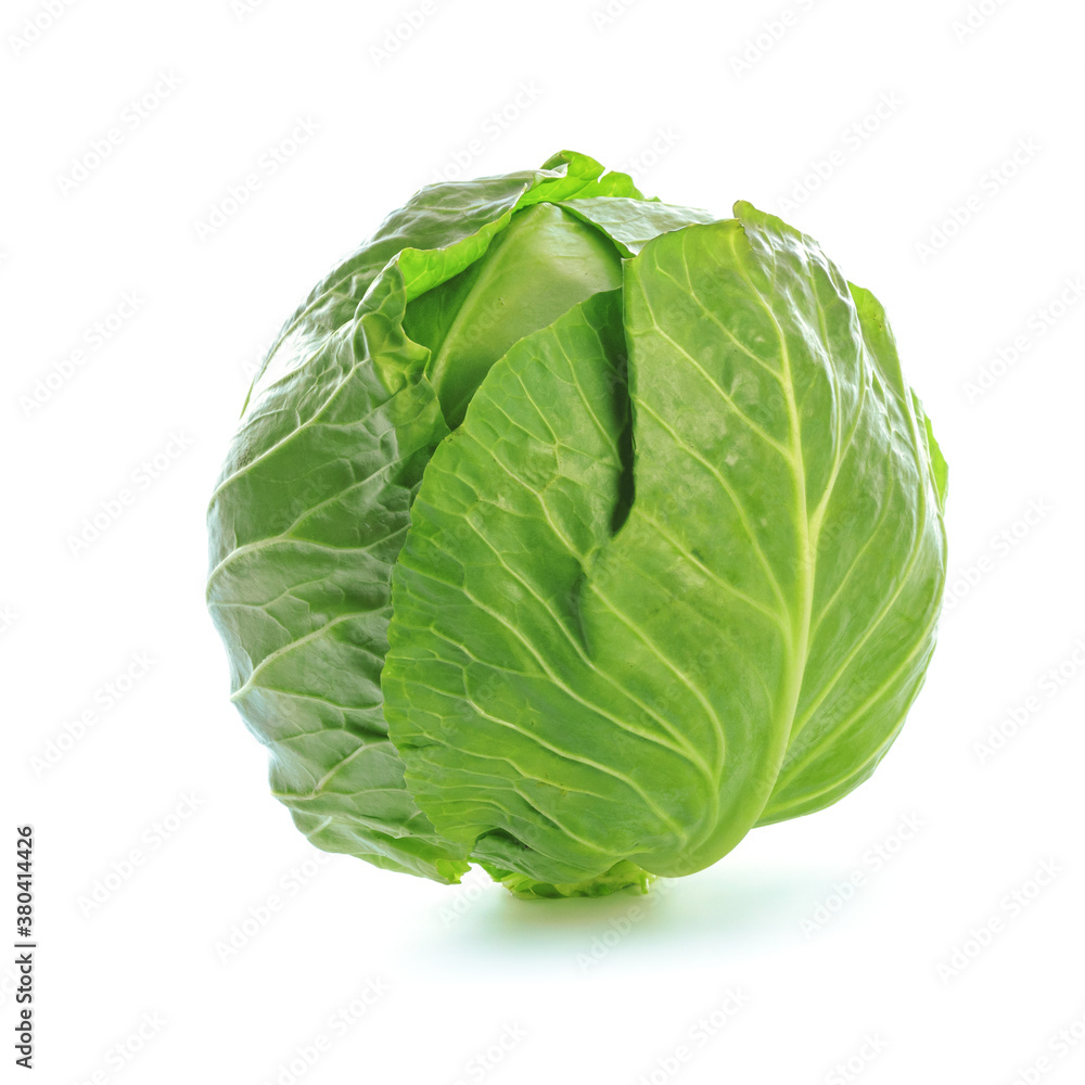 Fresh head of green organic cabbage isolated on a white background in close-up Fresh head of green organic cabbage isolated on a white background in close-up