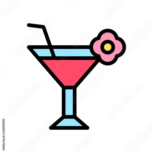 summer beach or holiday related juice glass with flower and pipe vector with editable stroke,