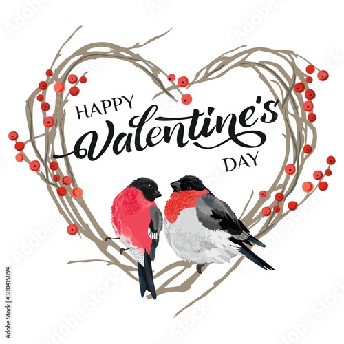 Valentine's day with bullfinches. Vector illustration.