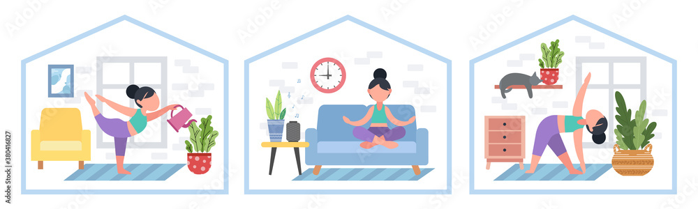 Set of girls. Bundle of women doing yoga, stay at home. Exercises for health, posture, relaxation, meditation, concentration. Flat interior, furniture. Morning routine workout, vector illustration.