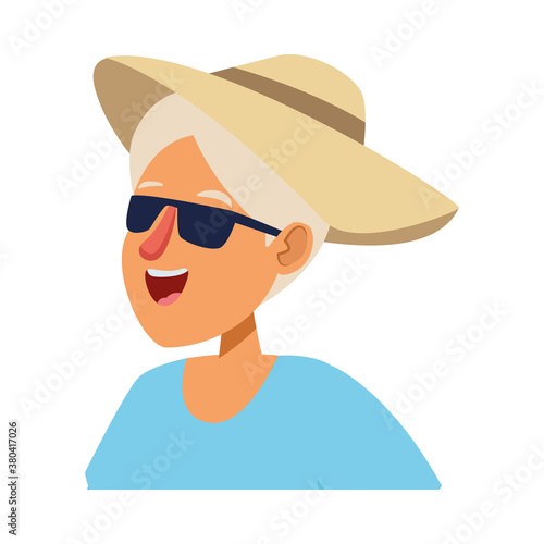 old tourist woman wearing hat and sunglasses character