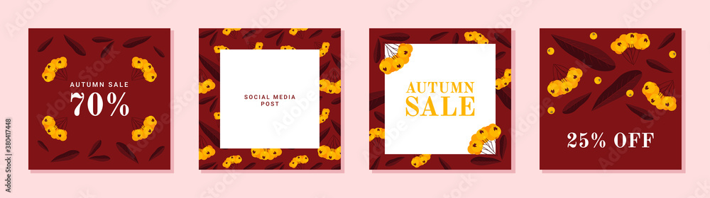 Set of autumn theme templates for social media, mobile apps, banners, ads. Burgundy color abstract square art templates with floral elements, pyracantha berries, leaves.