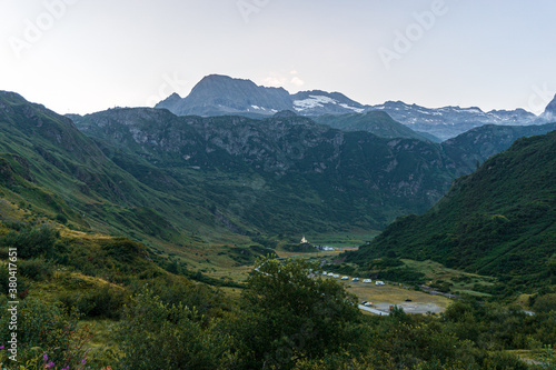 The glaciers, mountains and meadows of the alta val formazza at dawn, during a summer day, near the town of Riale, Italy - July 2020. © Roberto