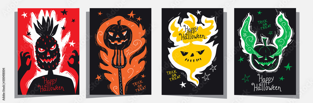 Φωτογραφία Happy Halloween Jack o lantern invitation greetings cards set with head of pineapple, traditional pumpkin and turnip