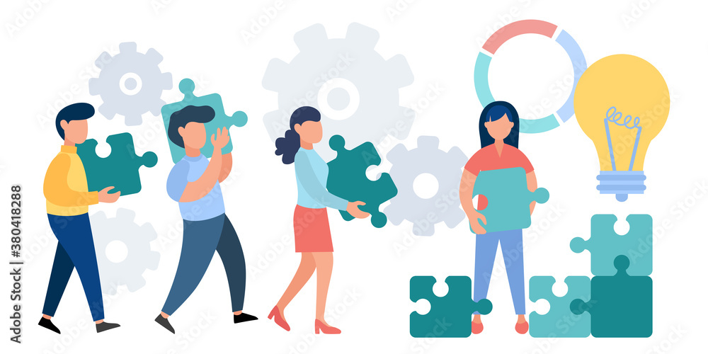 Fototapeta premium Business teamwork concept. Cooperation of people, partnerships, promotion of ideas. Office workers are building business together using puzzles, project management, workflow. Vector flat illustration.
